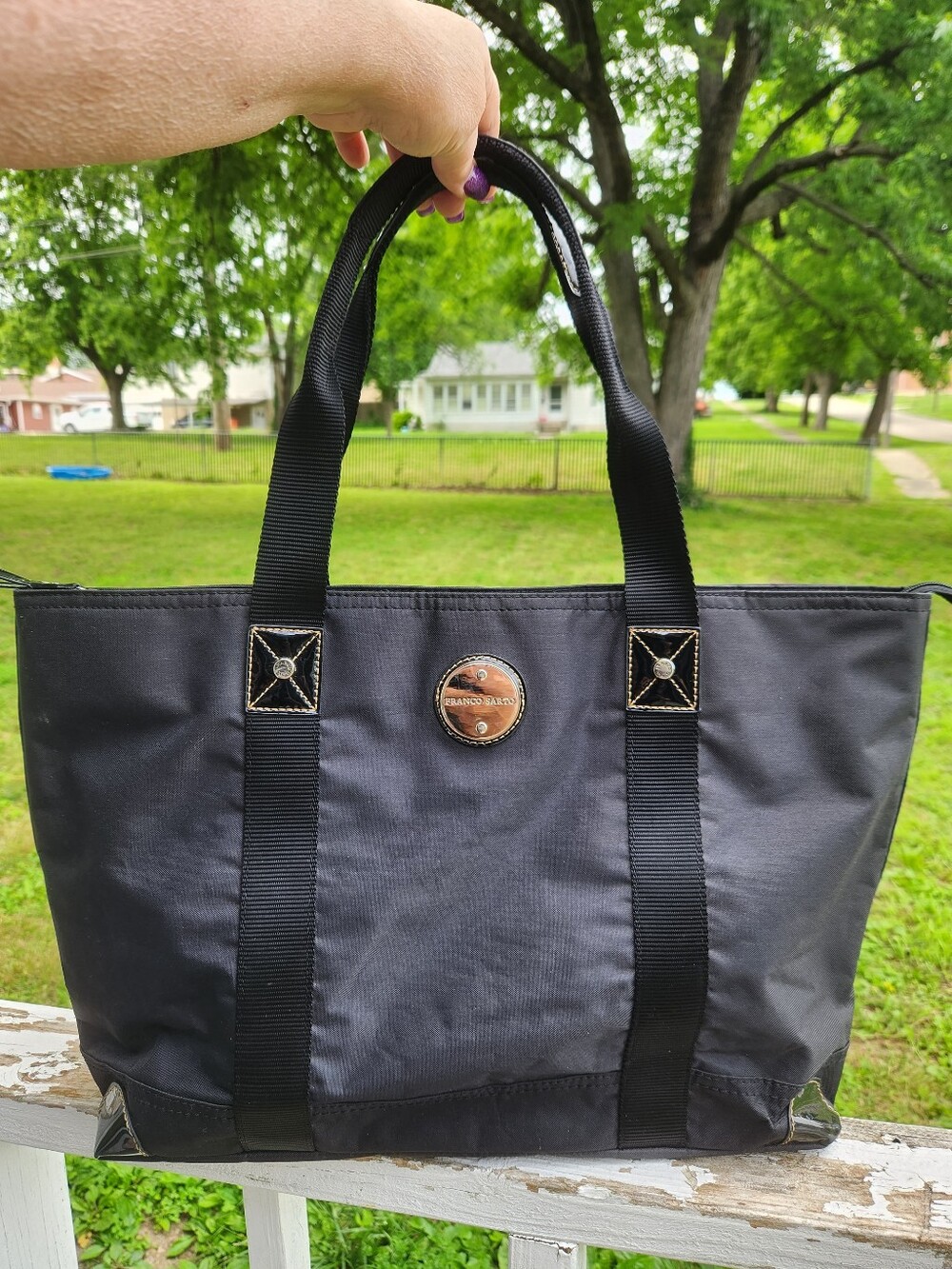 Franco Sarto Black Nylon Tote with Metal Logo Accent Zipper Closure Preloved